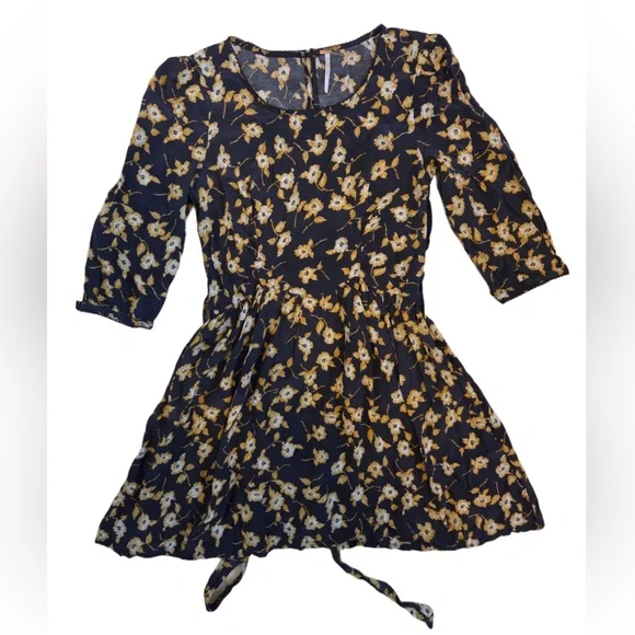 Free People Black Gold Yellow Floral Long Sleeve Above Knee Length Dress - Picture 1 of 4